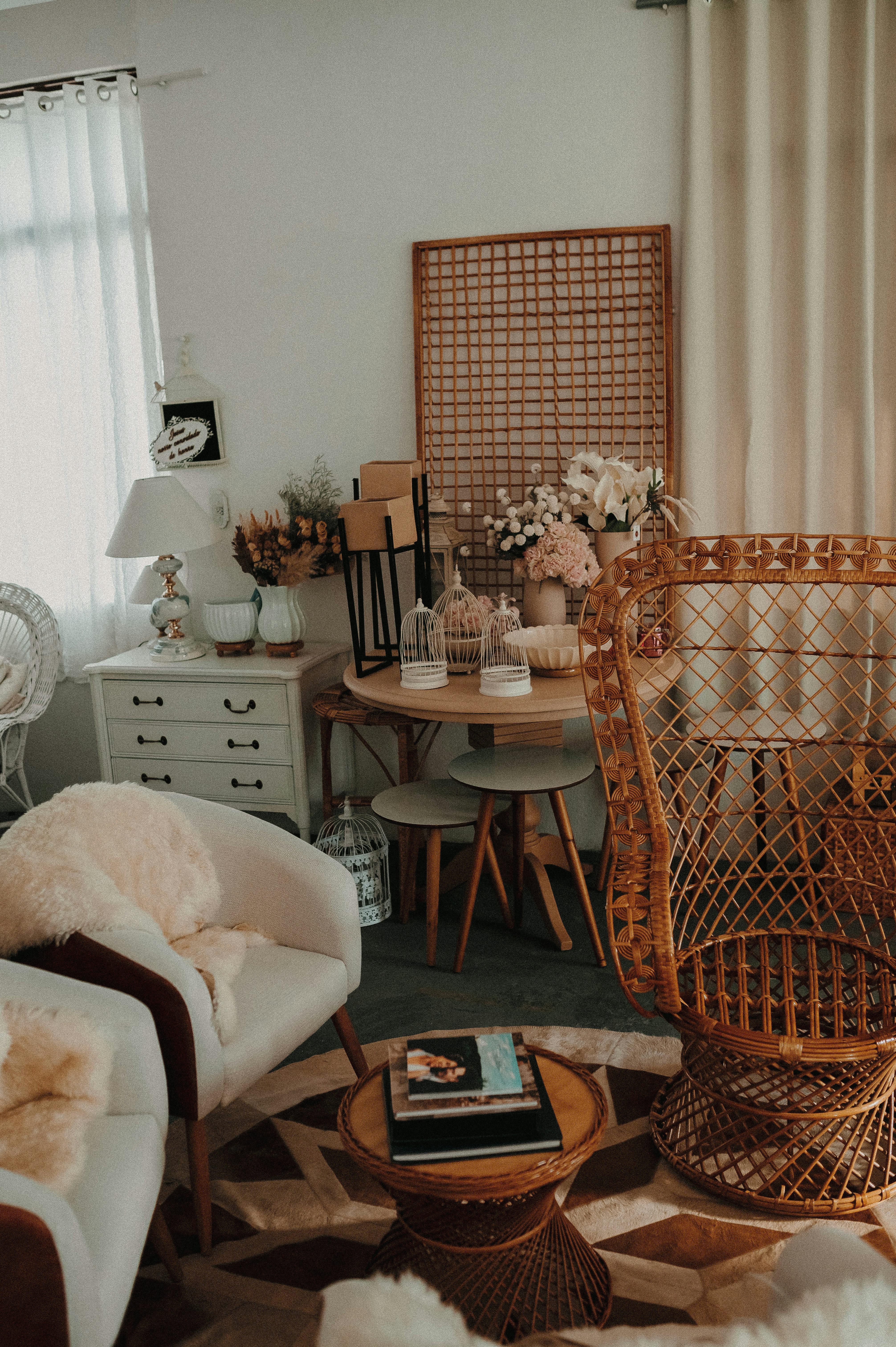 Cozy bohemian living room with warm pendant lighting