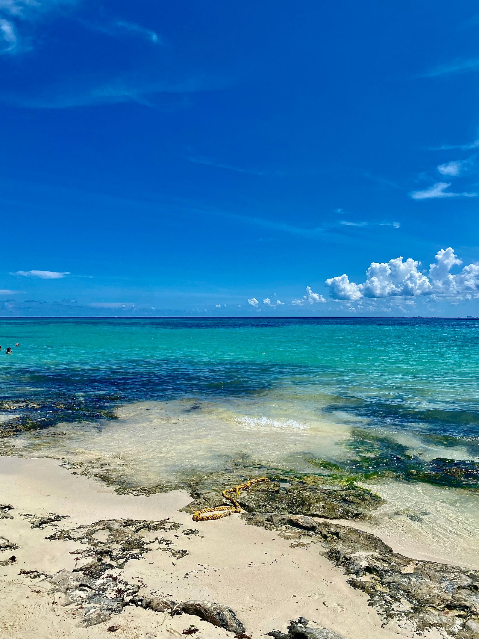 Aerial view of a turquoise Caribbean beach with white sand and palm trees.
