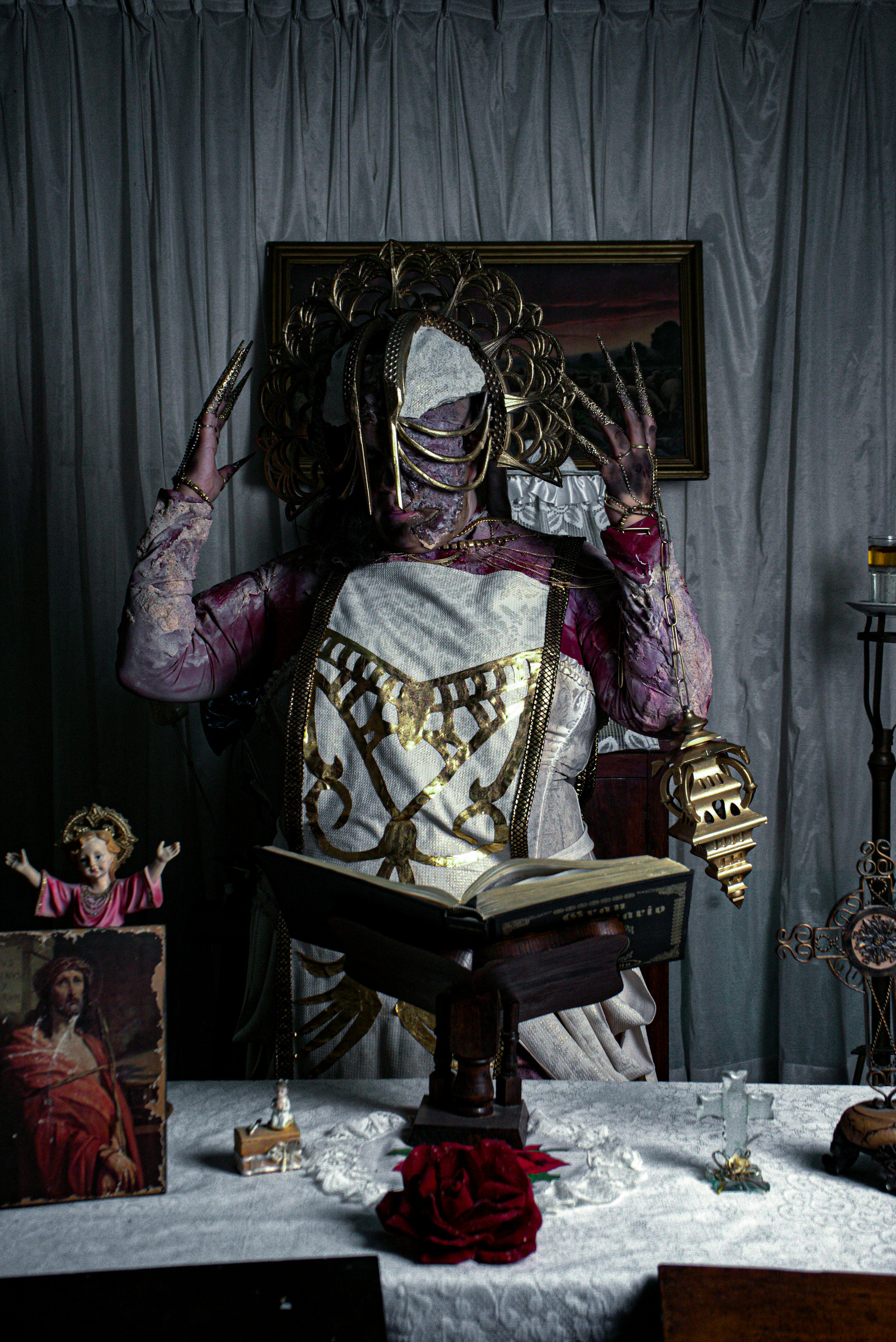 Dark, enigmatic scene depicting a masked figure amidst religious artifacts. Dramatic and mysterious.