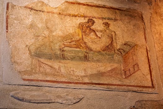 Detailed fresco from ancient Pompeii depicting a historical scene in warm tones.