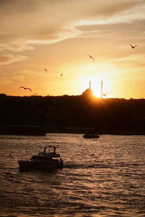 Free Silhouette of mosque domes against a stunning Istanbul sunset over the Bosphorus. Stock Photo