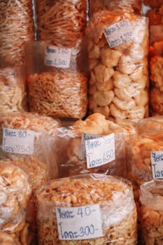 Assorted traditional Thai snacks in clear packaging at a bustling Bangkok market