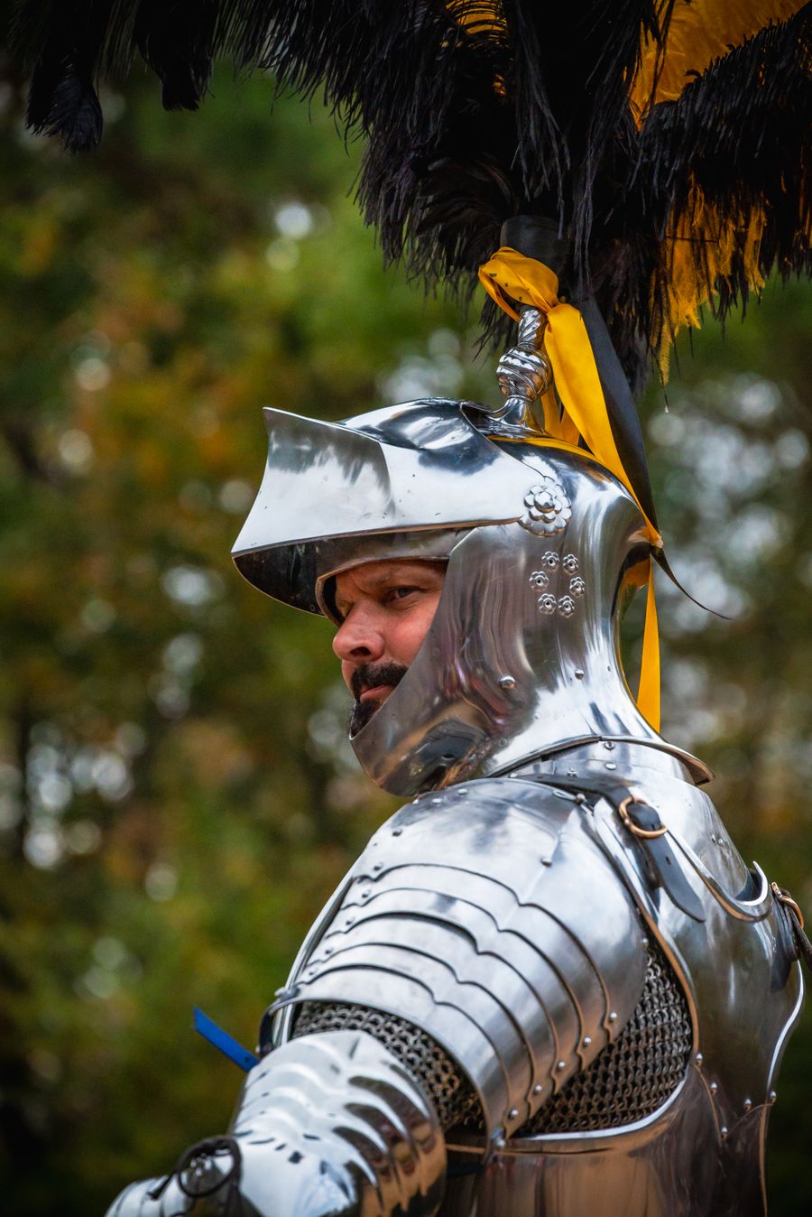Close-up of a medieval knight wearing traditional shiny armor during a reenactment.
