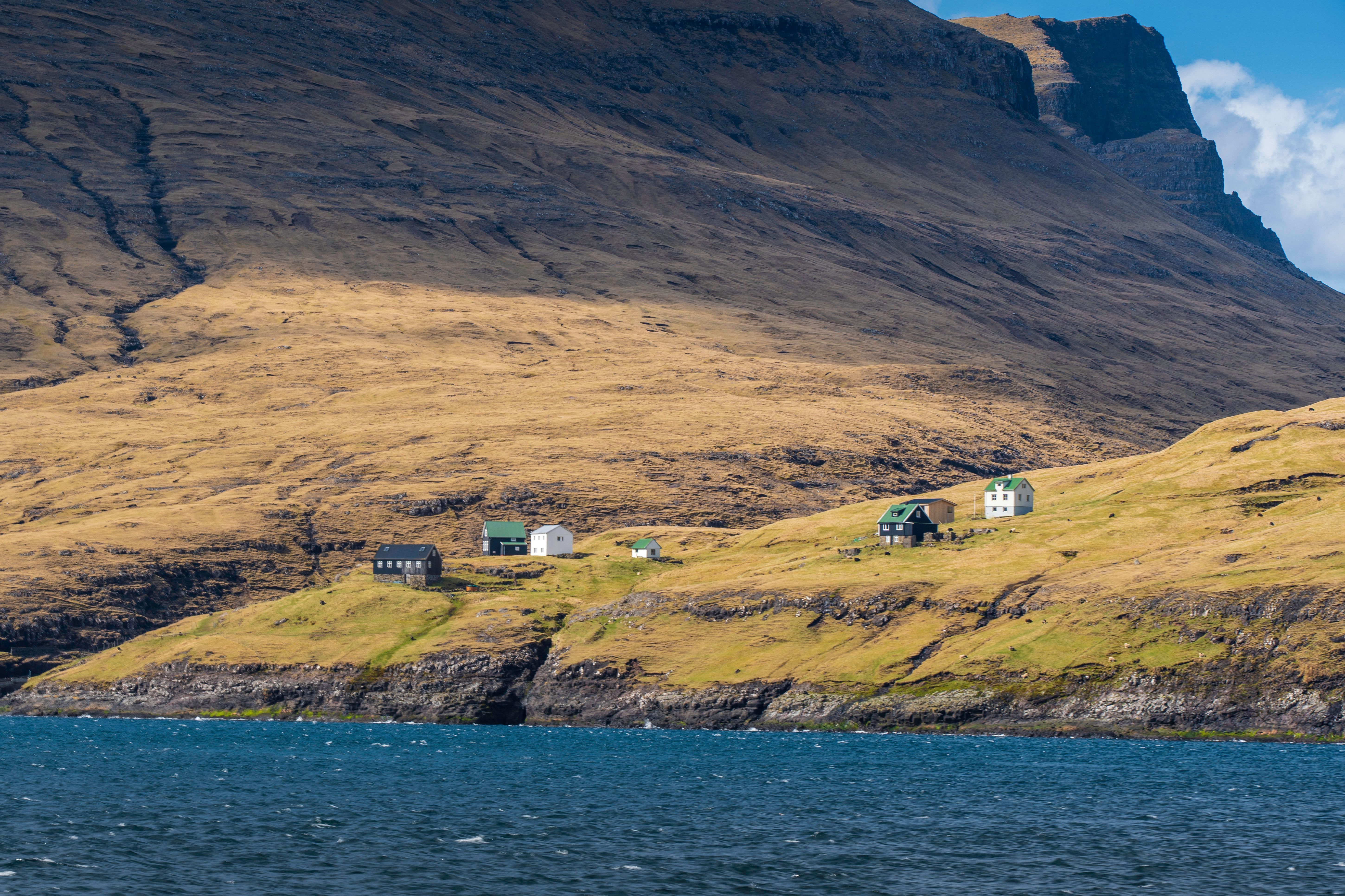 Beautiful landscape featuring remote houses on mossy cliffs by the sea under a clear sky.