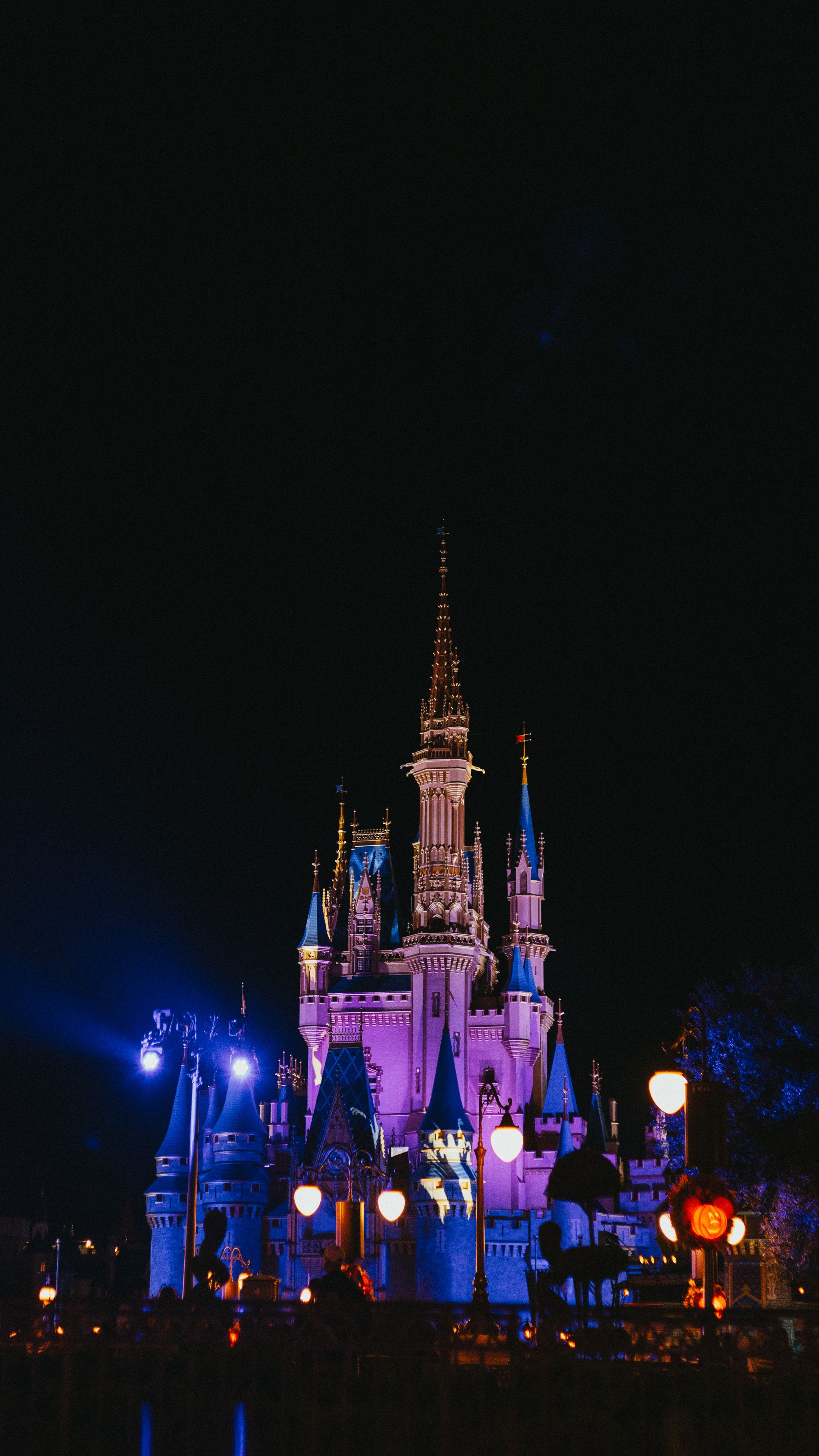 Magical view of Cinderella Castle illuminated against the night sky at Walt Disney World, Orlando.