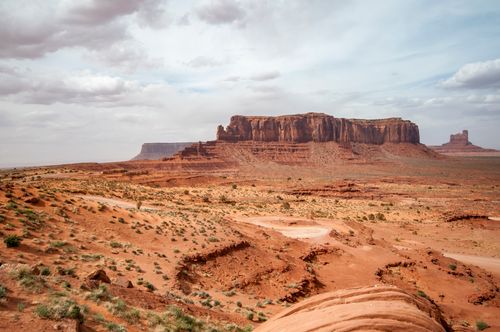 Free Majestic sandstone formations of Monument Valley under a cloudy sky. Stock Photo