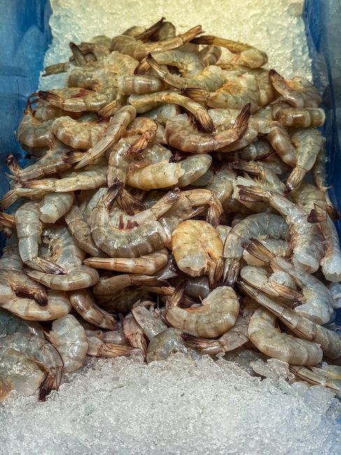 A pile of large raw prawns with heads and shells still on, arranged on crushed ice at a fish counter.