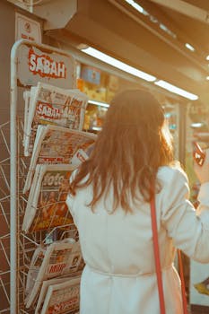 A woman browses newspapers at a kiosk, bathed in warm autumn light. Captured in Istanbul.