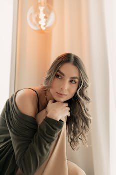 Stylish woman in a cozy indoor setting with warm lighting, perfect for lifestyle themes.