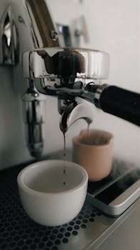 Close-up of an espresso machine brewing coffee, showing two cups, in a modern kitchen setting.