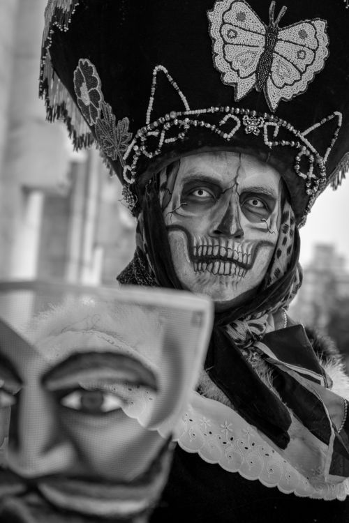 Free Black and white photo of Catrina makeup in Mexico City, showcasing Dia de los Muertos traditions. Stock Photo