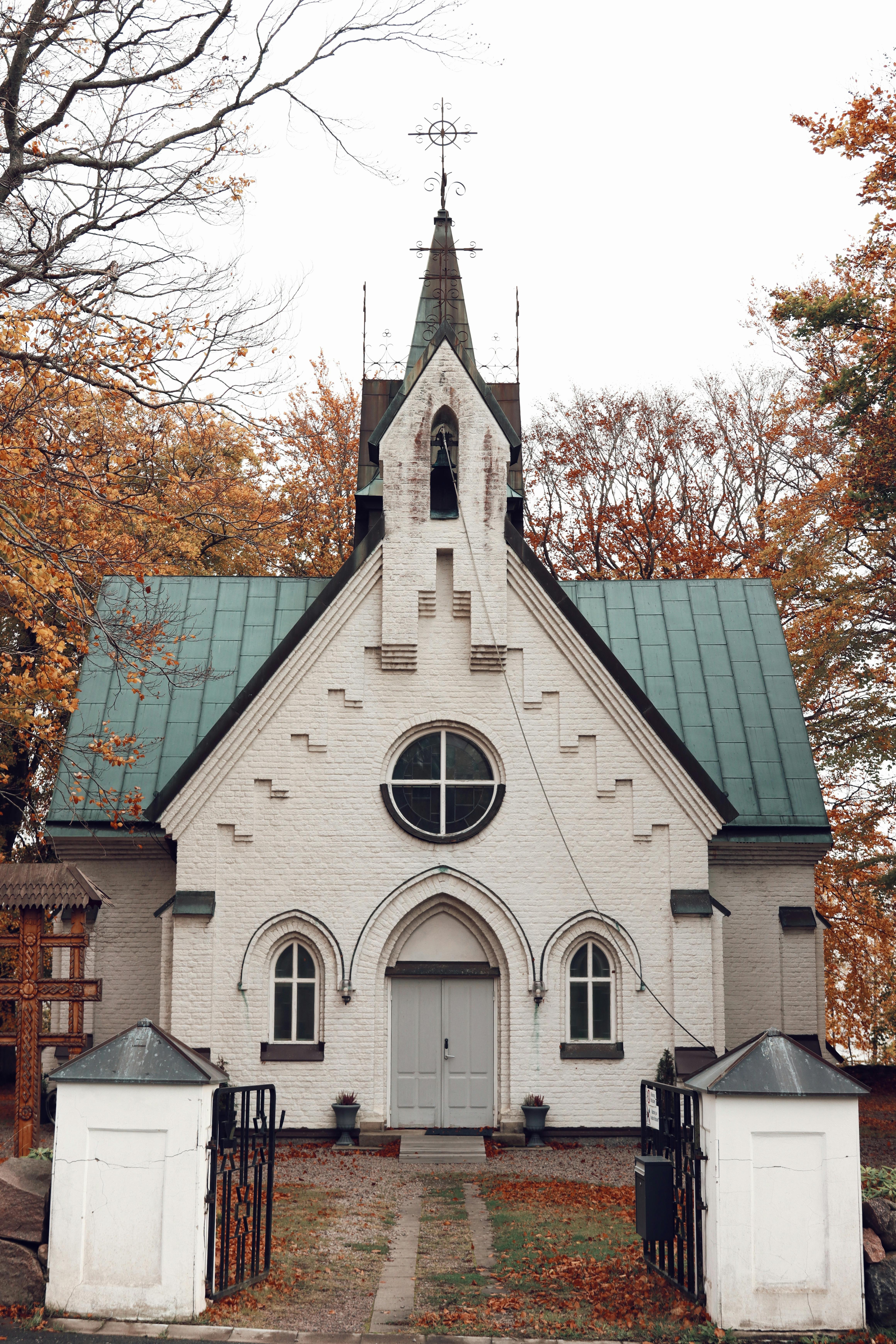 charming scandinavian church in autumn setting