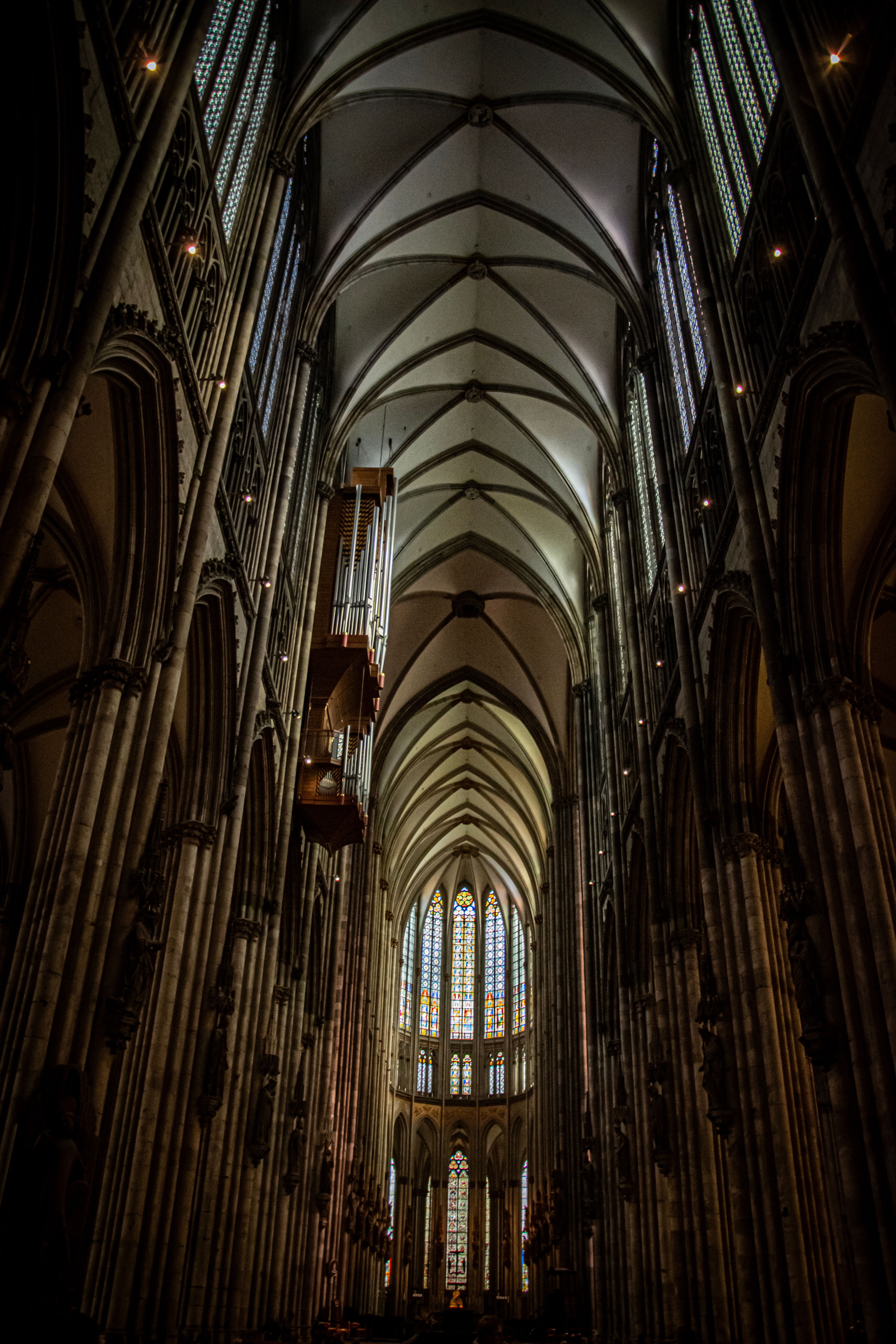 Cologne Cathedral stained glass interior windows in blue and gold