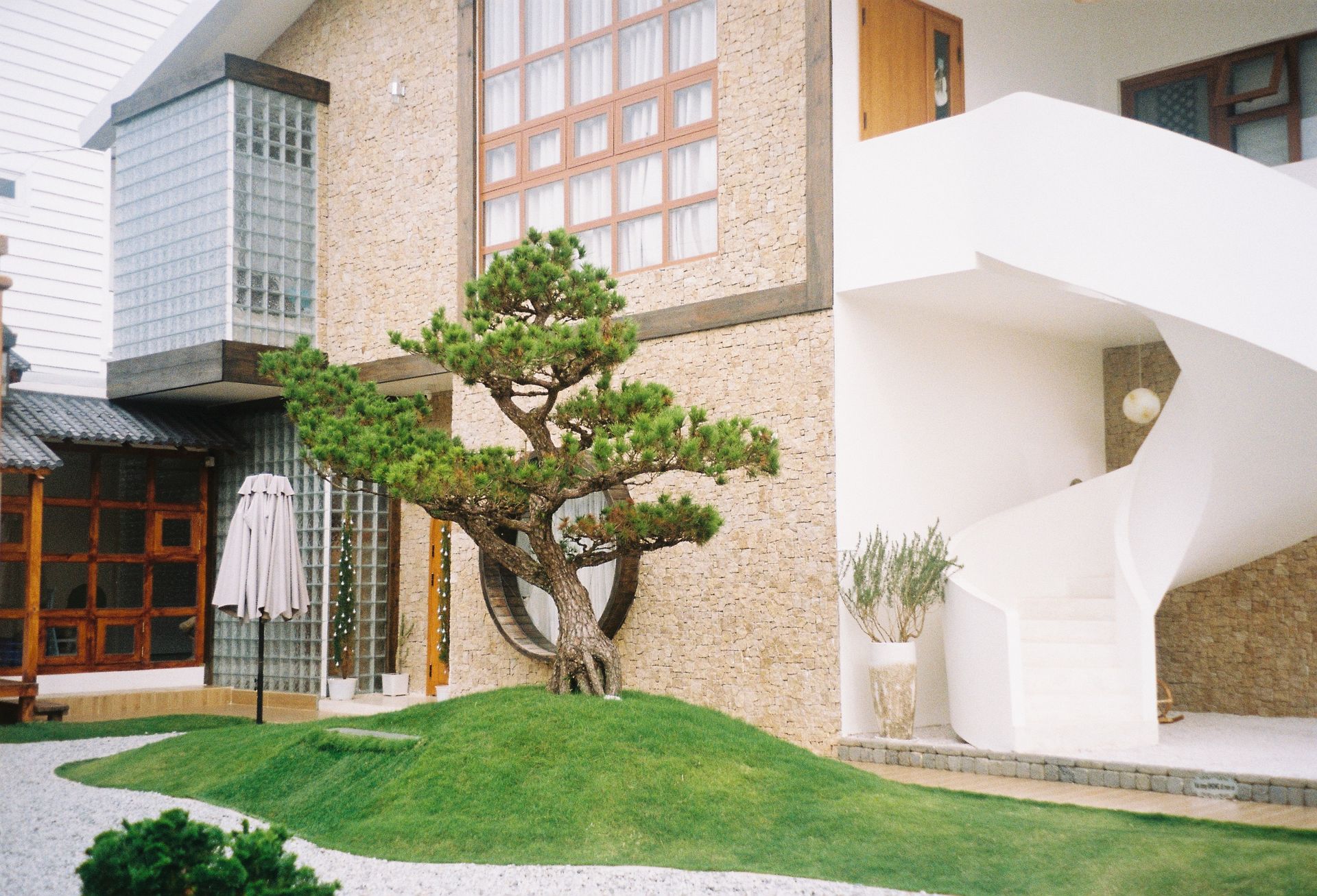 Contemporary villa exterior with a bonsai tree and spiral staircase.