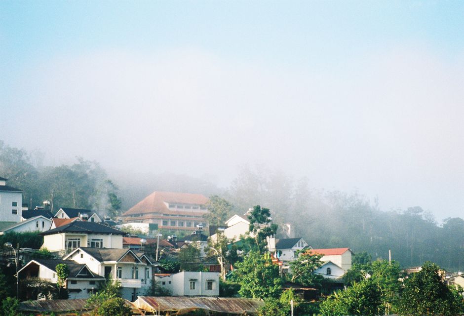 Charming village houses nestled in a misty hillside surrounded by lush greenery.