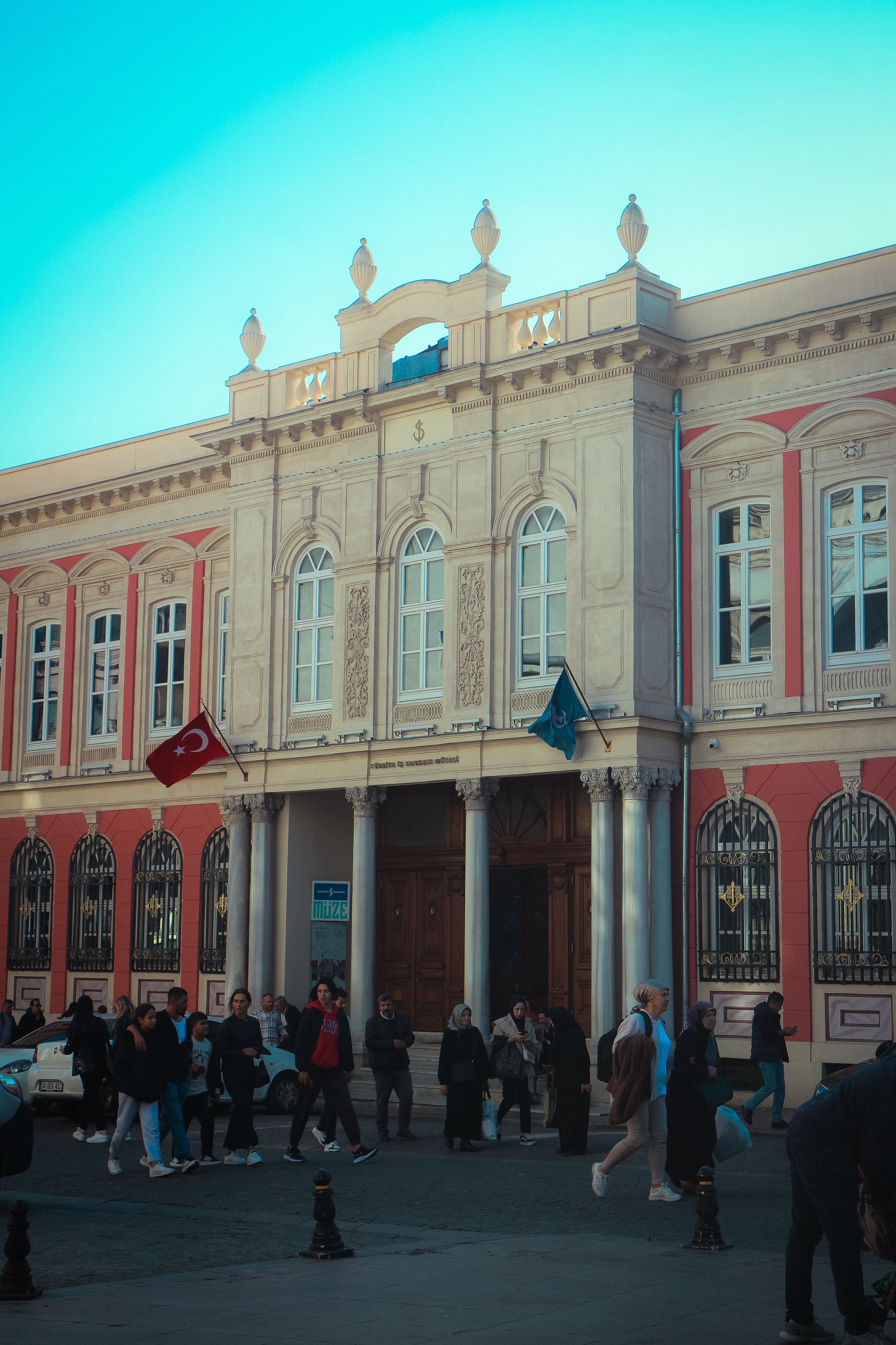Historic Building with Turkish Flags and Crowd · Free Stock Photo