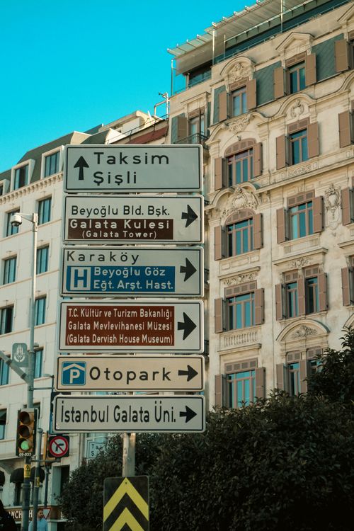 Free Signposts in Istanbul pointing toward Galata Tower and Beyoğlu district, showcasing iconic architecture. Stock Photo
