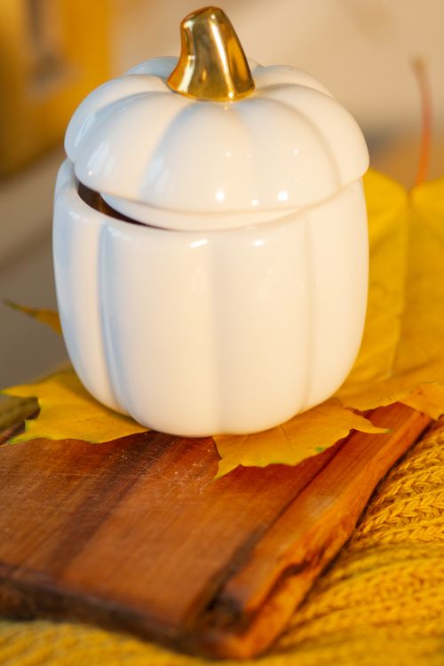 Free White ceramic pumpkin with golden stem on wood, autumn ambiance. Stock Photo