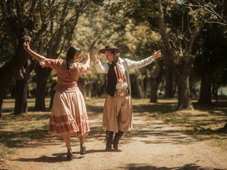 A couple dressed in traditional clothing performs a dance in Chascomús, Argentina.