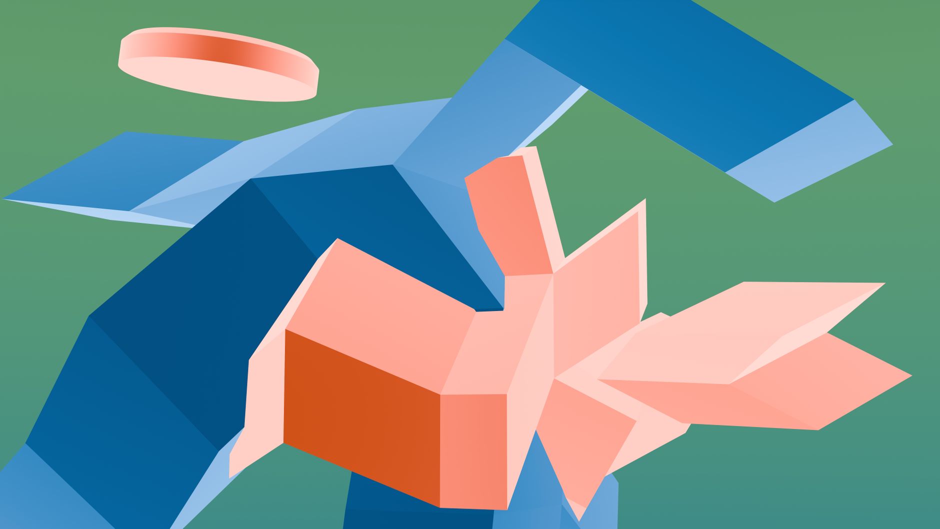Colorful abstract shapes create a dynamic geometric illustration in blue and orange tones.
