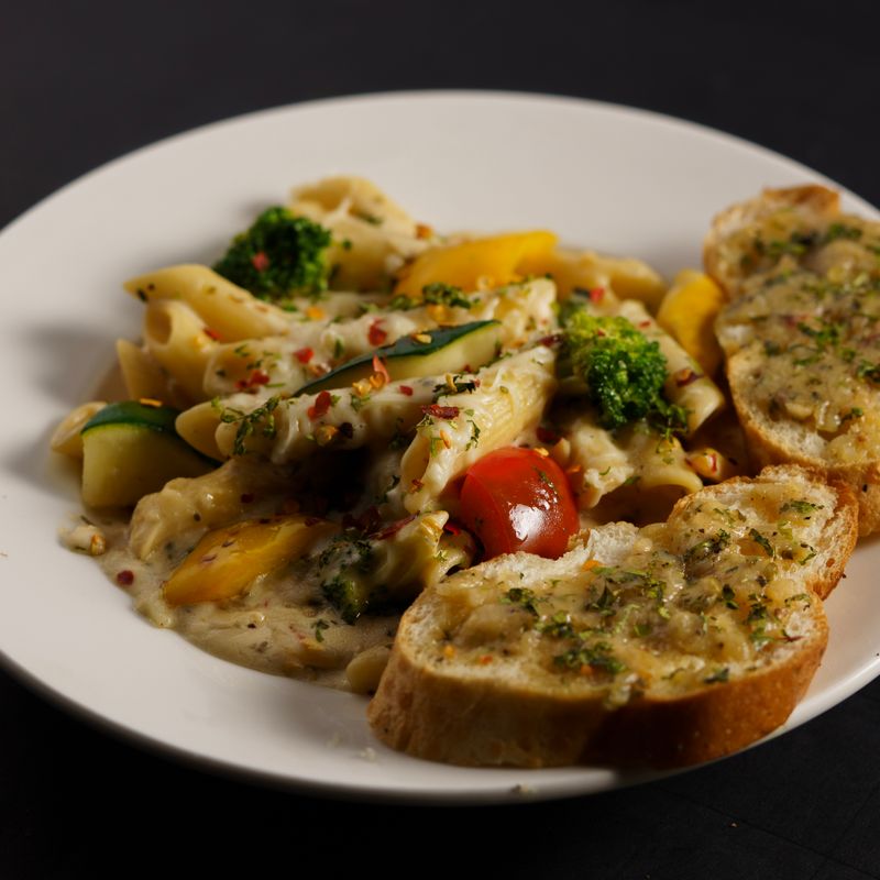 Chicken Broccoli Baked Ziti with Garlic Cream Sauce