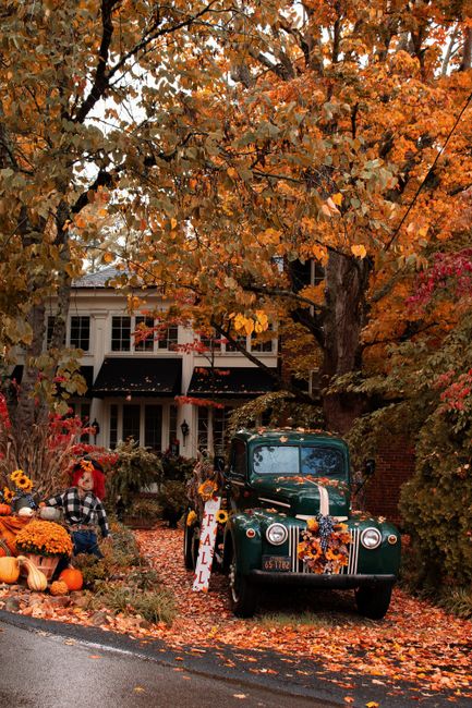 A vintage truck surrounded by colorful autumn leaves and pumpkins, creating a cozy fall ambiance.