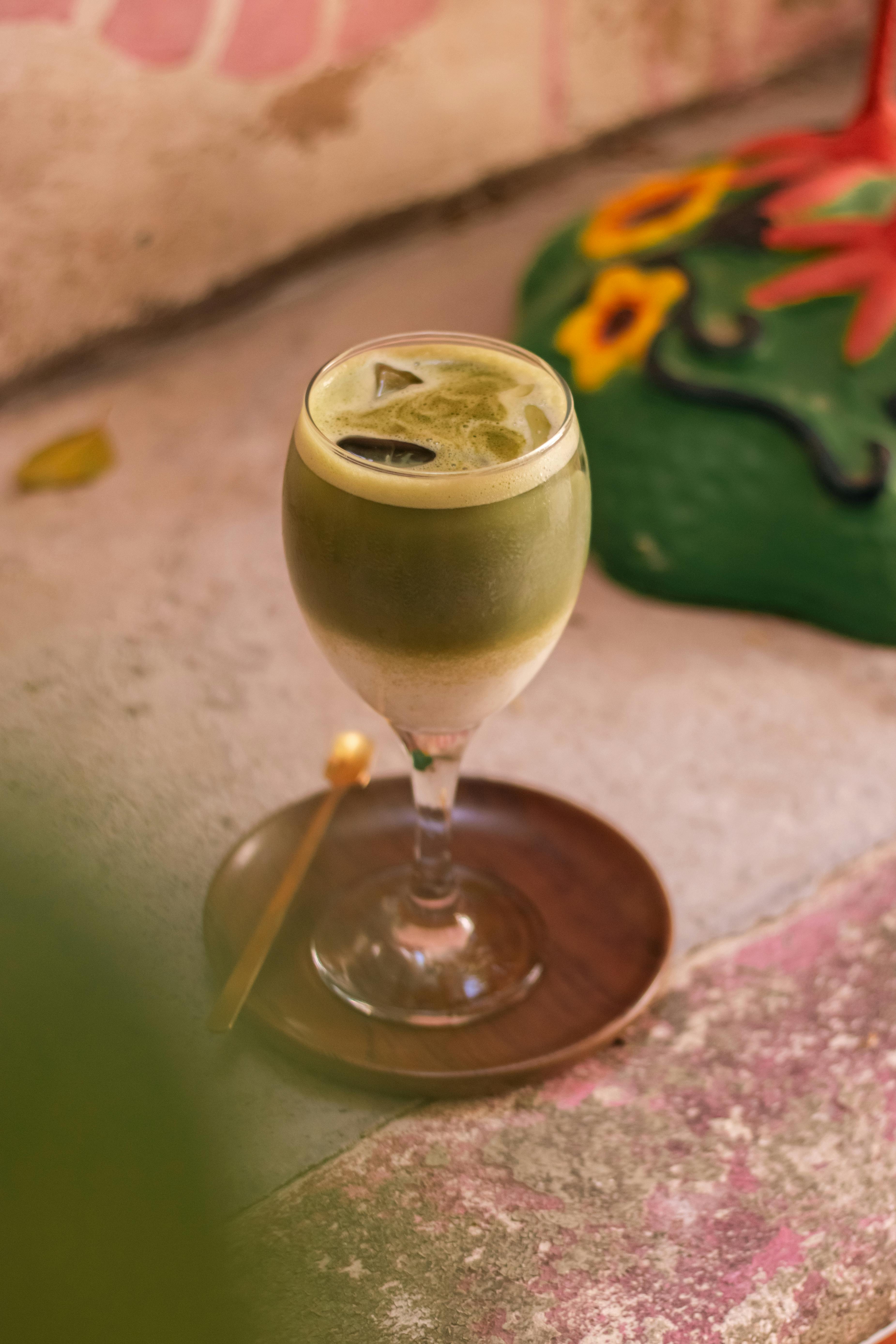 refreshing iced matcha latte in elegant glass