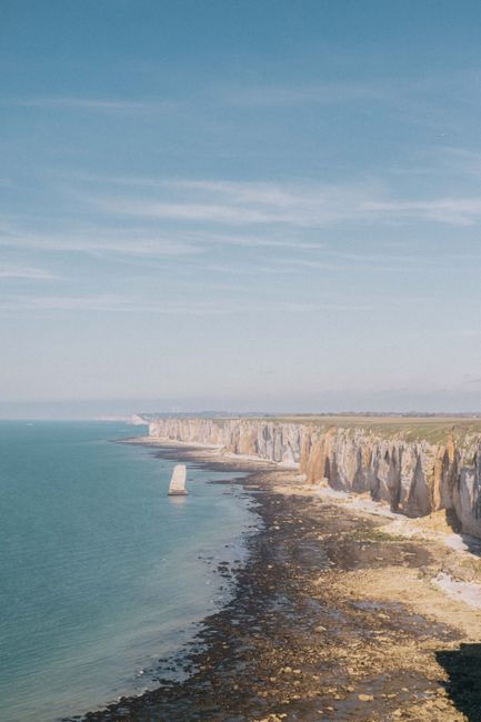 Scenic view of the iconic cliffs of Étretat, Normandie, France, captured on a sunny day.