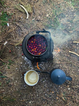 A rustic scene of berries boiling over a campfire, perfect for outdoor cooking themes.