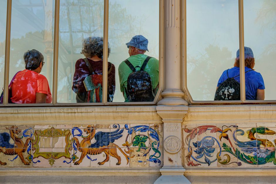 Personas mayores sentadas en el interior del Palacio de Cristal en Madrid, vistas a través del cristal.