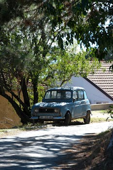 A classic blue car parked under trees on a sunny rural road.