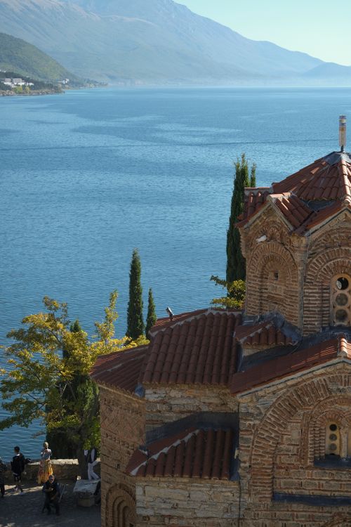 Free Stunning landscape of Lake Ohrid with the historic Church of St. John overlooking the water. Stock Photo