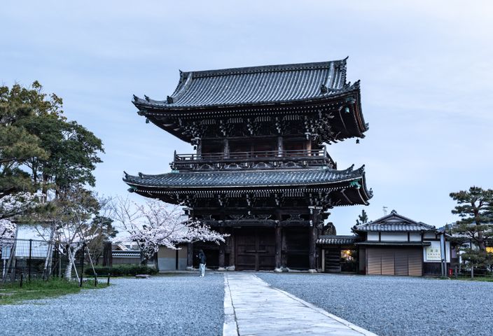 Stunning traditional Japanese pagoda surrounded by cherry blossoms in Kyoto, Japan, capturing spring's beauty.
