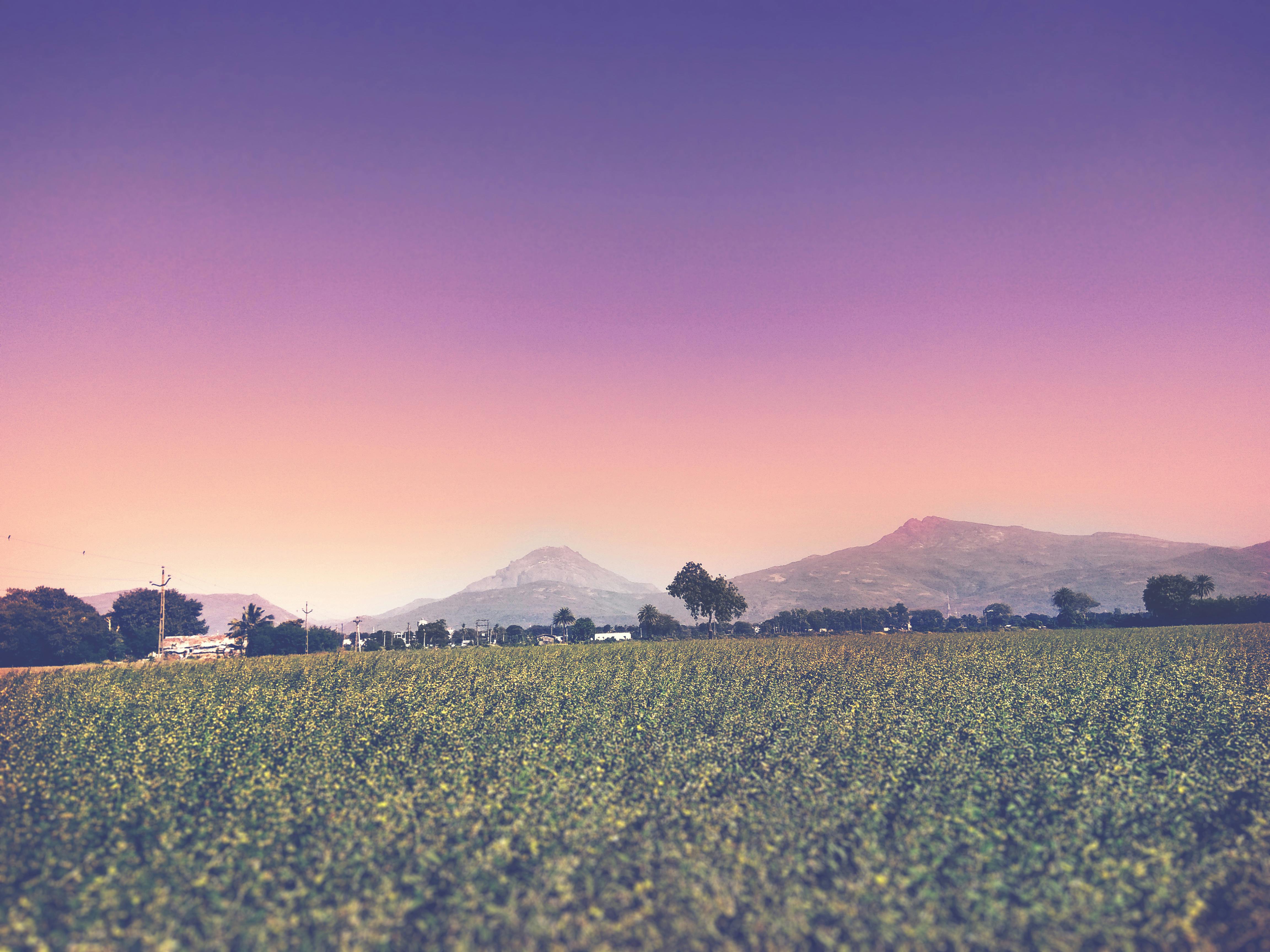 宁静的乡村有田野和山脉，在壮丽的日落天空下