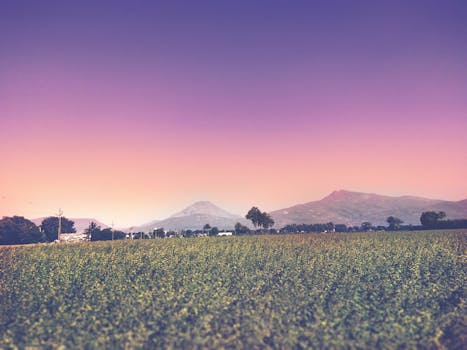宁静的乡村有田野和山脉，在壮丽的日落天空下