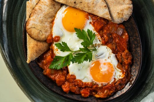 Traditional shakshouka with eggs and flatbread, garnished with parsley. Perfect for a hearty meal.
