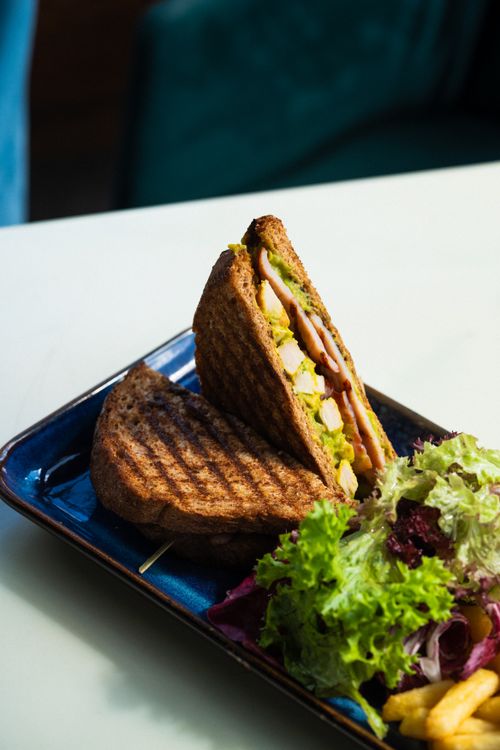 Free Delicious grilled chicken sandwich with fresh green salad and fries on a plate. Stock Photo