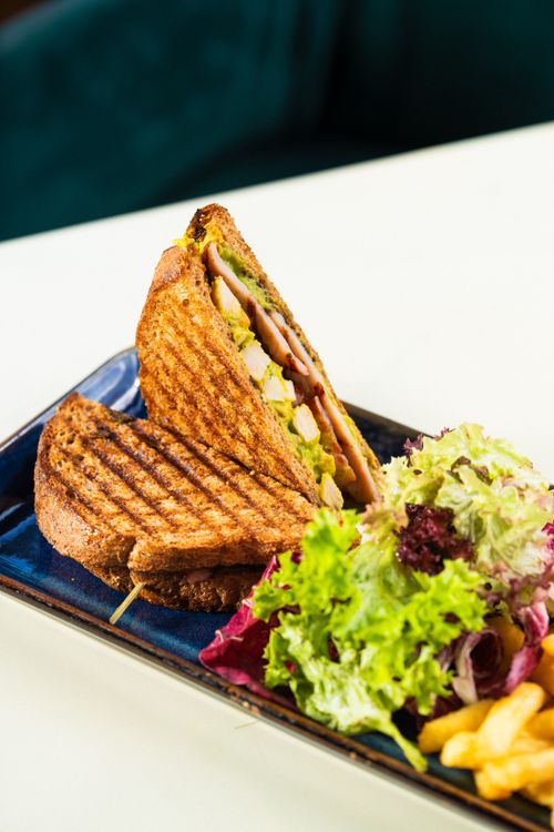 Free Delicious grilled chicken sandwich served with mixed green salad and fries. Stock Photo