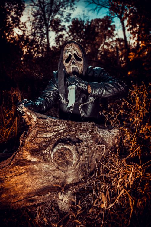 Free A menacing figure in a mask brandishing a knife, set in a dark, eerie forest scene. Stock Photo