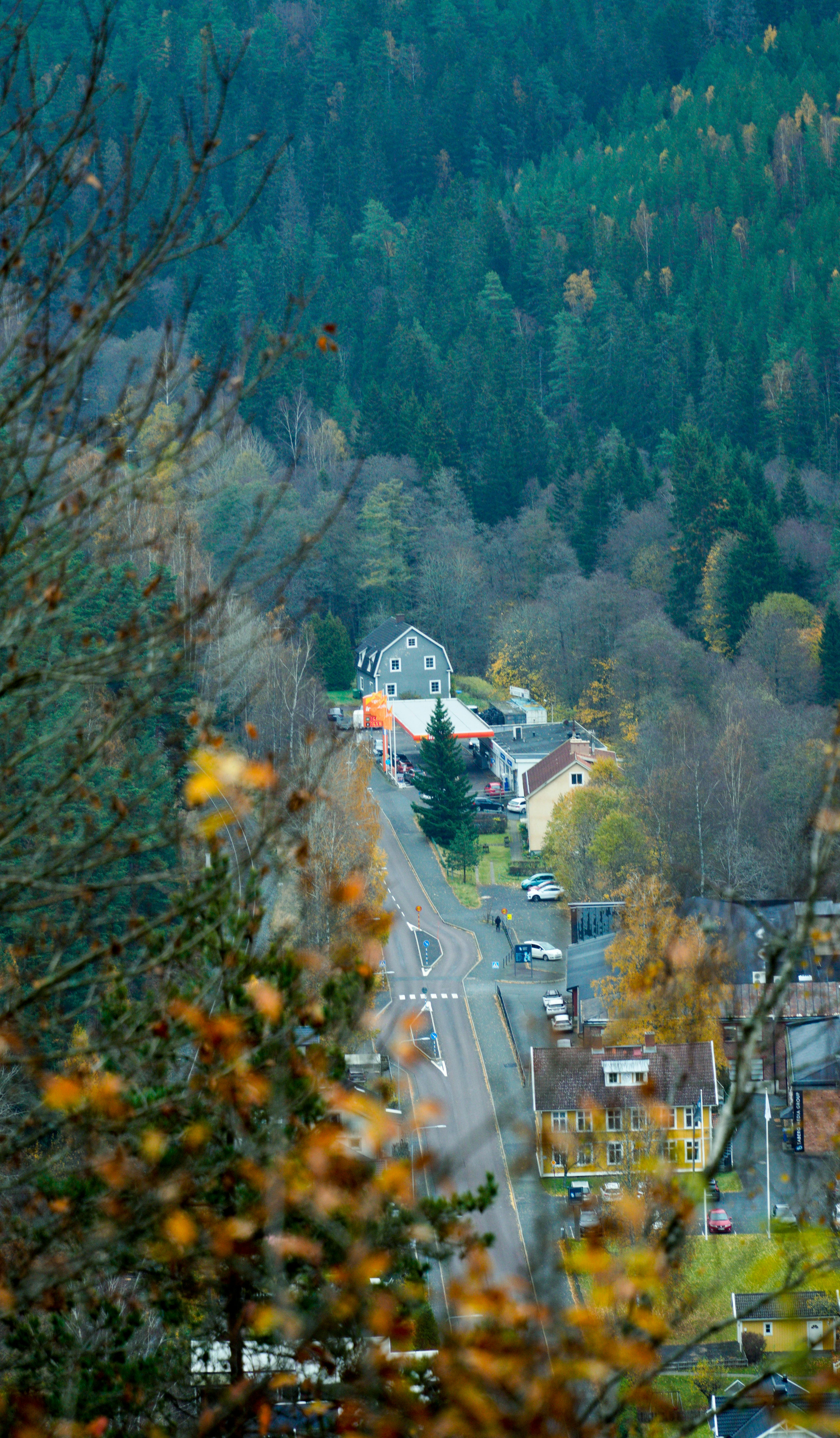 A serene aerial view of a small town surrounded by vibrant autumn trees and forest.