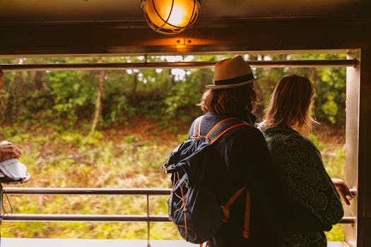 在风景秀丽的火车之旅中，夫妇相拥，被大自然的美丽所包围