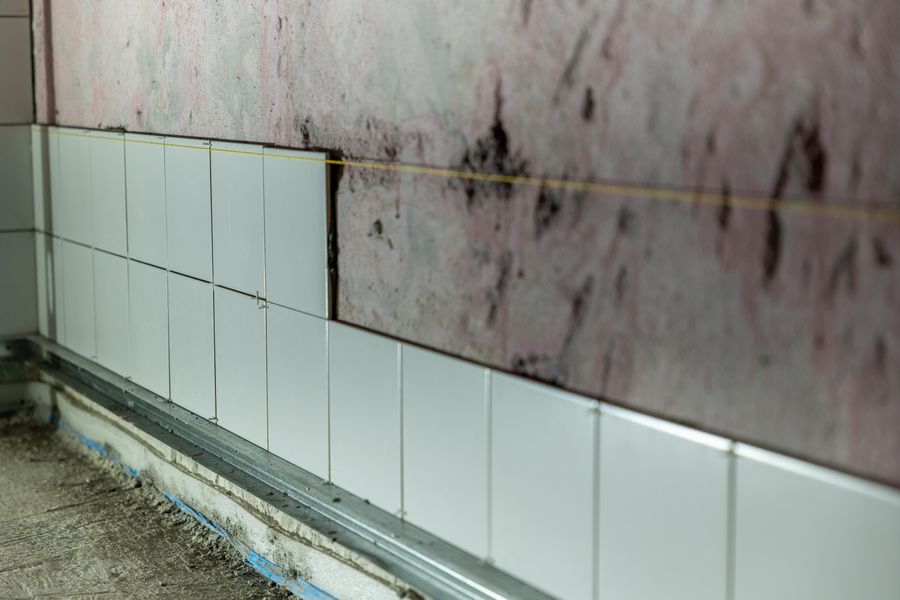 Alicatado de pared en curso con azulejos a media altura