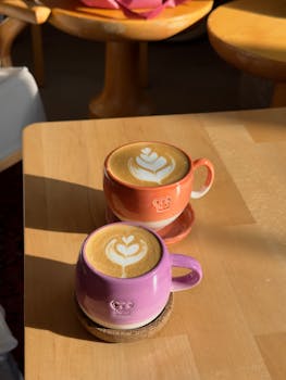 Sunlit lattes with latte art in colorful mugs on a wooden table in Istanbul cafe.