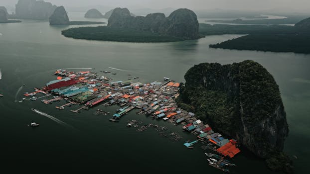 Explore the unique floating village of Ko Panyi in Phang Nga Bay, Thailand, captured from above.