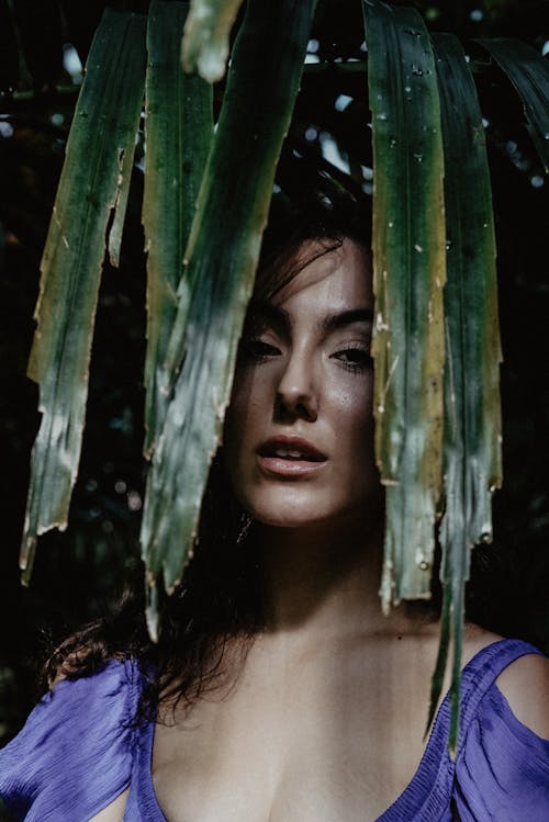 Portrait Photo De Femme Posant Sous Des Feuilles Vertes