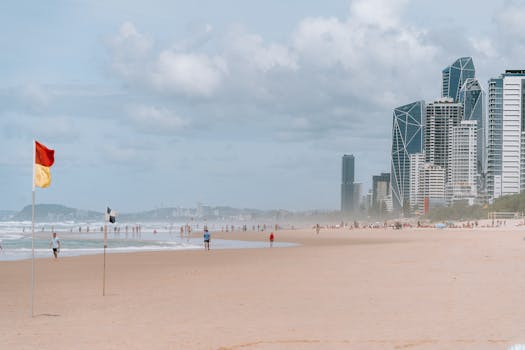 A vibrant view of Surfers Paradise beachfront with modern skyscrapers in Queensland, Australia.