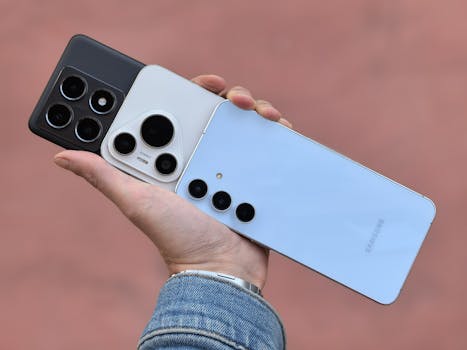 A hand holding three smartphones showcasing various camera designs.