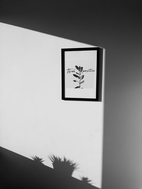 Black and white framed print with plant design and inspiring text 'think positive'.