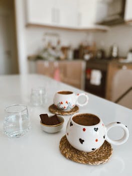 Two decorated mugs with coffee on a kitchen countertop, creating a cozy atmosphere.