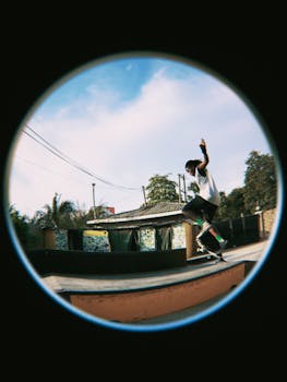 A skateboarder performing a trick outdoors with a fisheye lens view.